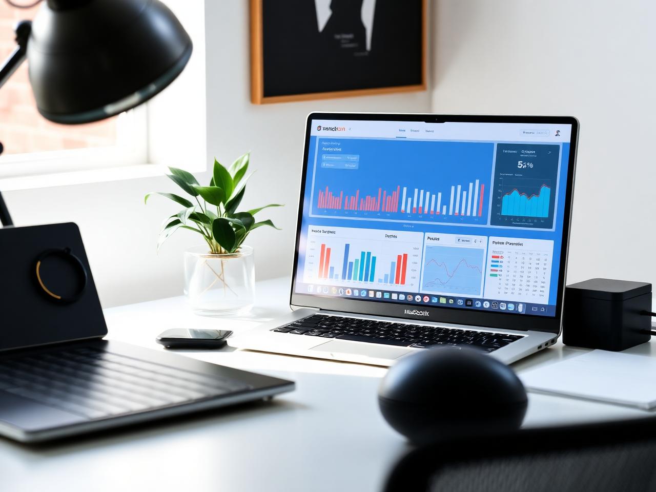 Modern workspace with a laptop displaying a business dashboard